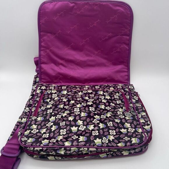 VERA BRADLEY Shoulder Purple Plum Petals Floral Frill Vinyl Messenger Bag NWOT - Picture 12 of 15